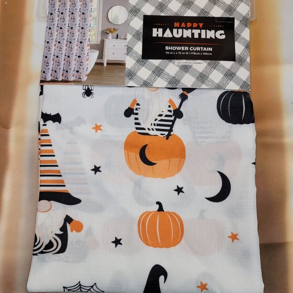 🎃 Halloween Gnome Shower Curtain Witch Pumpkin Star Moon Bat Web Fall Autumn - Picture 5 of 6